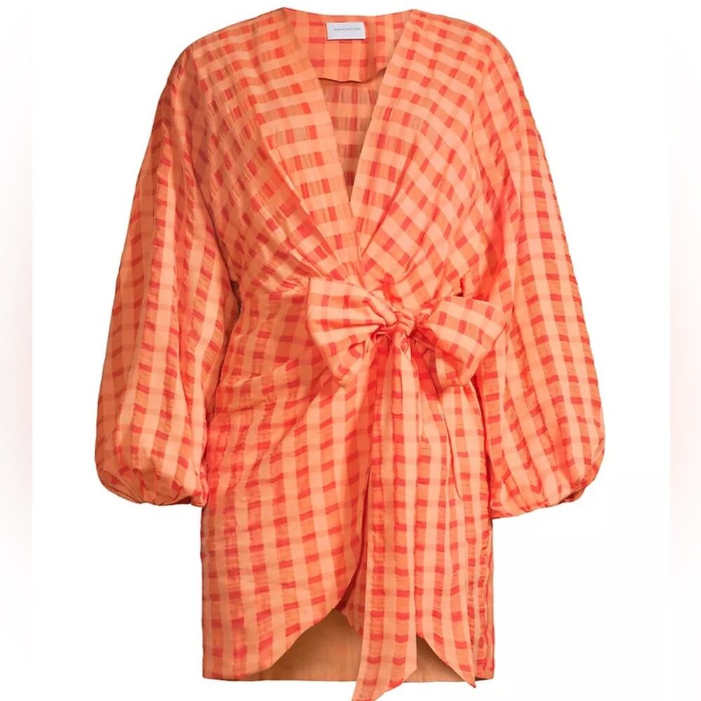 Orange Tie Front Puff Sleeve Mini Dress